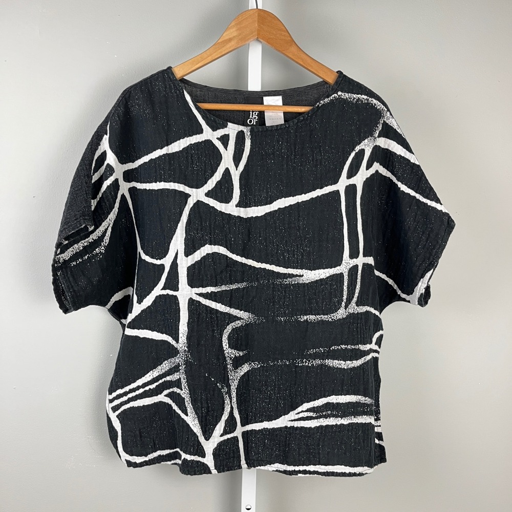 Igor Dobranic Linen Abstract Boxy Top Artsy Minimalist Blouse Black White M